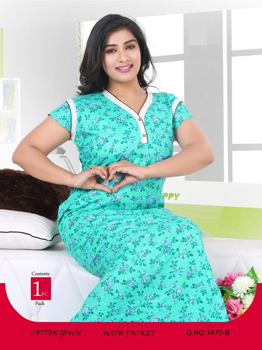 Floral Printed V Neck Ladies Cotton Night Gown.