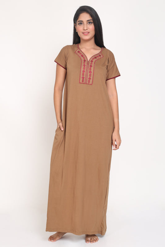 Women's Hosiery Brown Plain Maxi Nightgown with Embroidery Neck