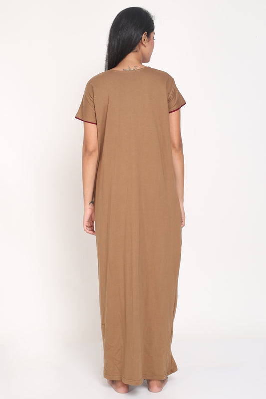 Women's Hosiery Brown Plain Maxi Nightgown with Embroidery Neck