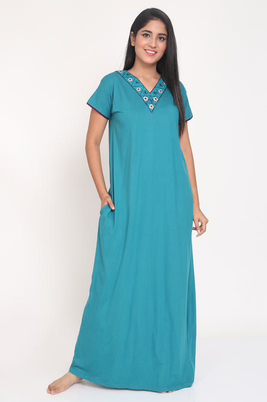 Women's Hosiery Cyan Plain Maxi Nightgown with Embroidery Neck