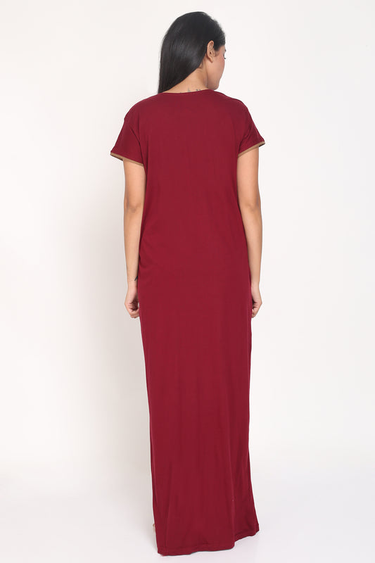 Women's Hosiery Maroon Plain Maxi Nightgown with Embroidery Neck