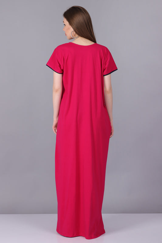 Women Hosiery Solid Pink Night Gown | Maxi | Nighty | Embroidery Neck | With Pocket