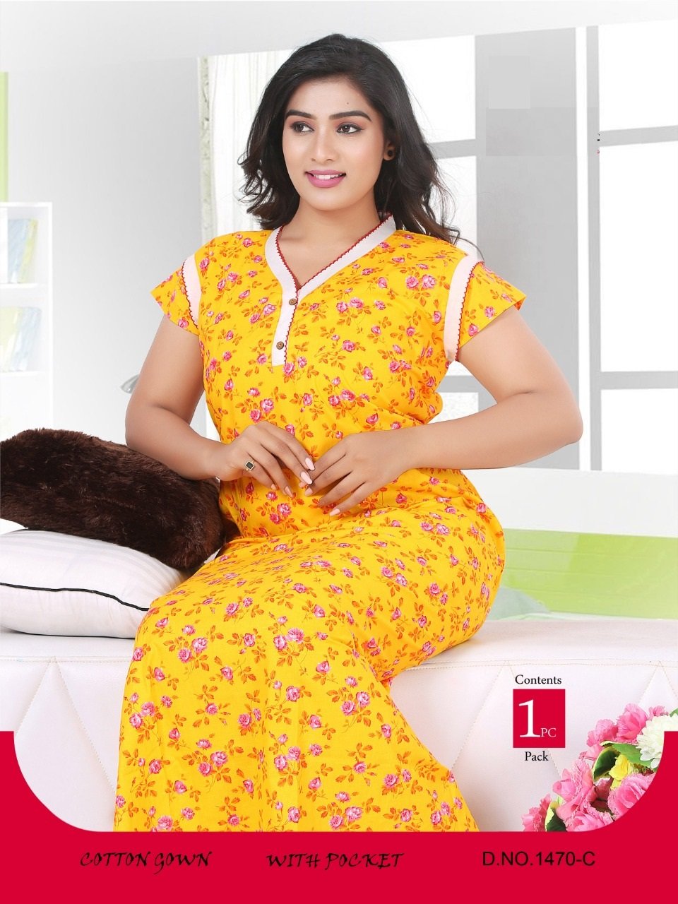 Floral Printed V Neck Ladies Cotton Night Gown.