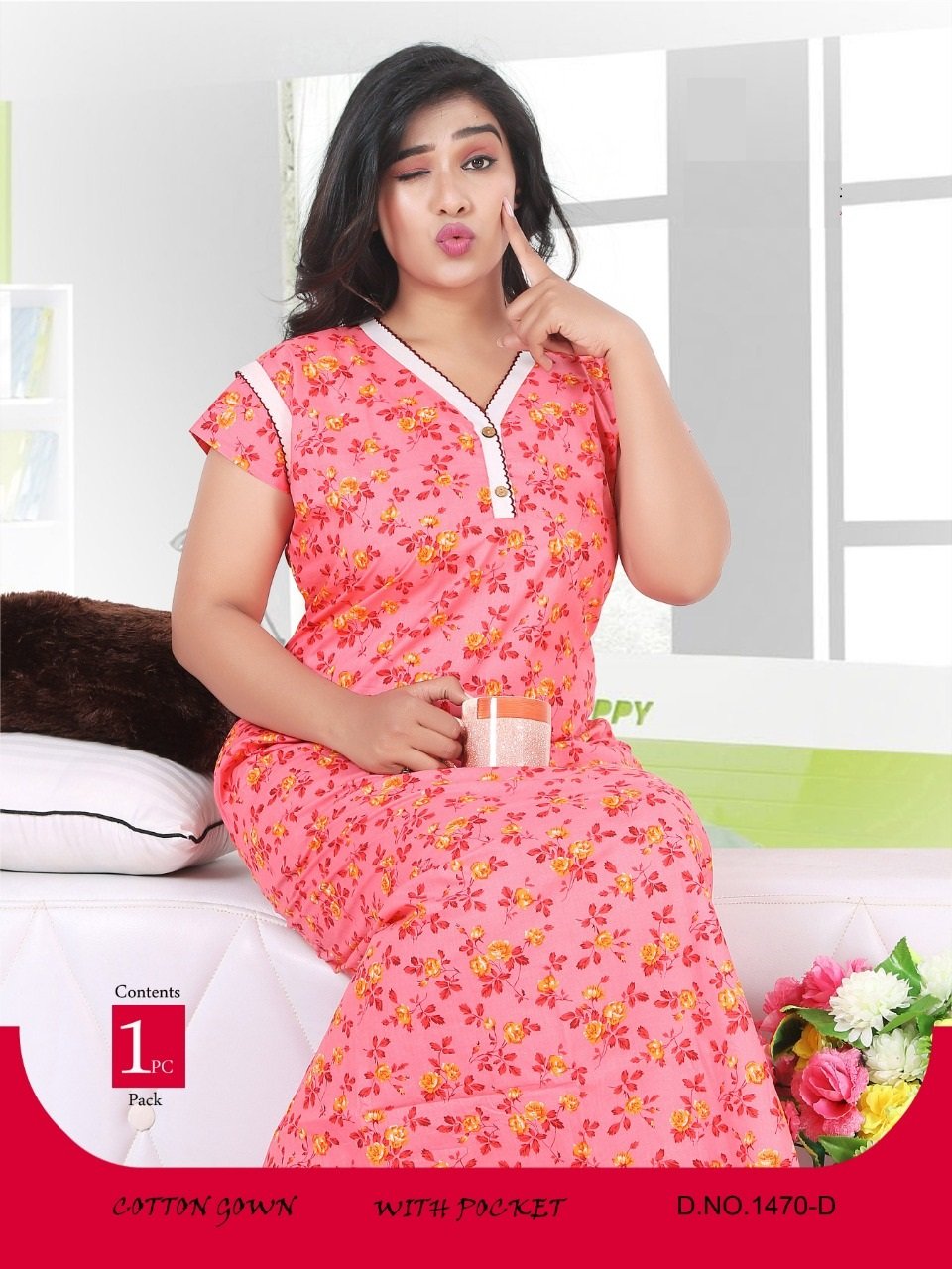 Floral Printed V Neck Ladies Cotton Night Gown.