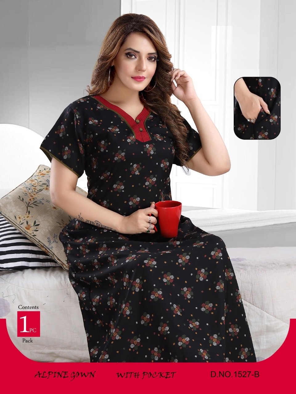 Printed Alpine Ladies Night Gown with Attractive Neck Design.