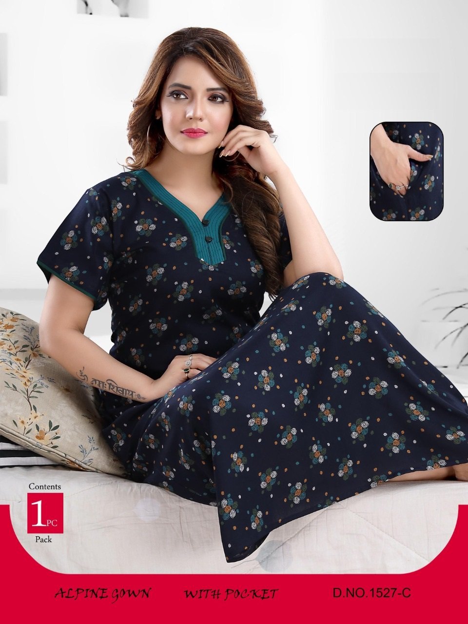 Printed Alpine Ladies Night Gown with Attractive Neck Design.