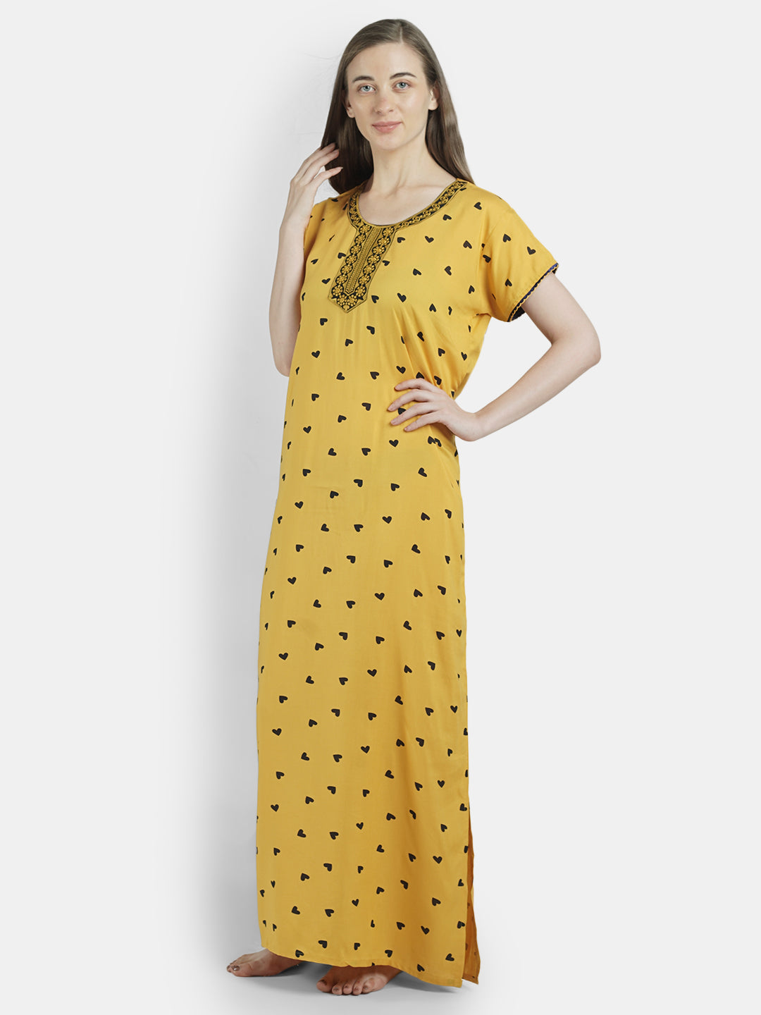 Heart Print Rayon Adorable Ladies Night Gown with Pocket.