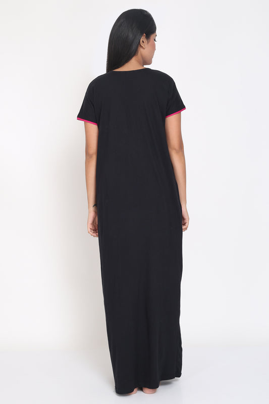 Women's Hosiery Black Plain Maxi Nightgown with Embroidery Neck