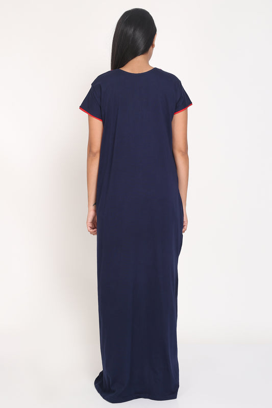 Women's Hosiery Navy Blue Plain Maxi Nightgown with Embroidery Neck
