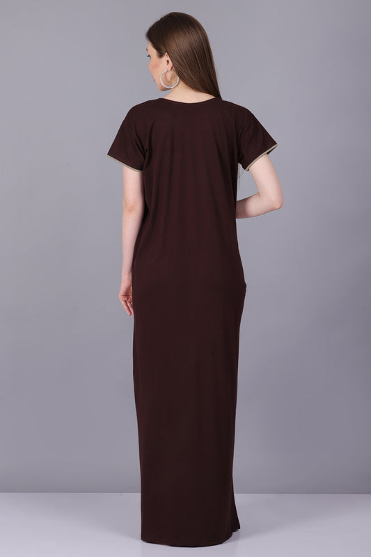 Women Hosiery Solid Brown Night Gown | Maxi | Nighty | Embroidery Neck | With Pocket
