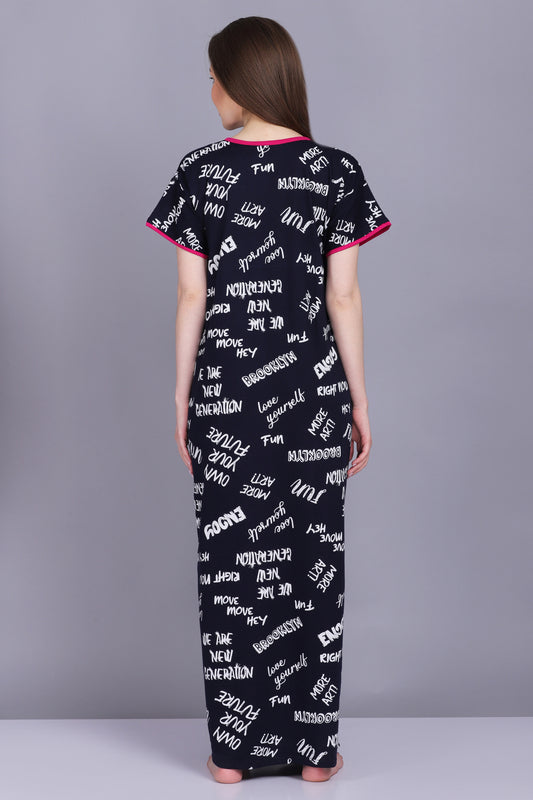 Women Cotton Sinker Typography Print All Season Nighty