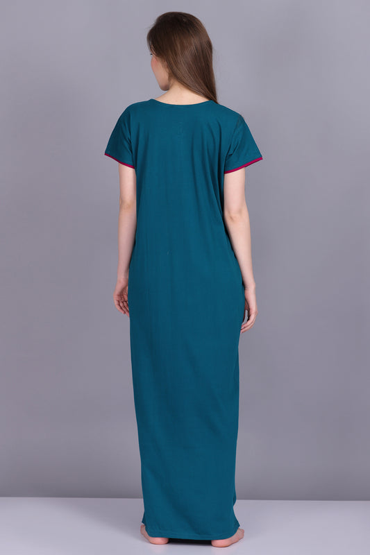 Women Hosiery Solid Cyan Night Gown | Maxi | Nighty | Embroidery Neck | With Pocket
